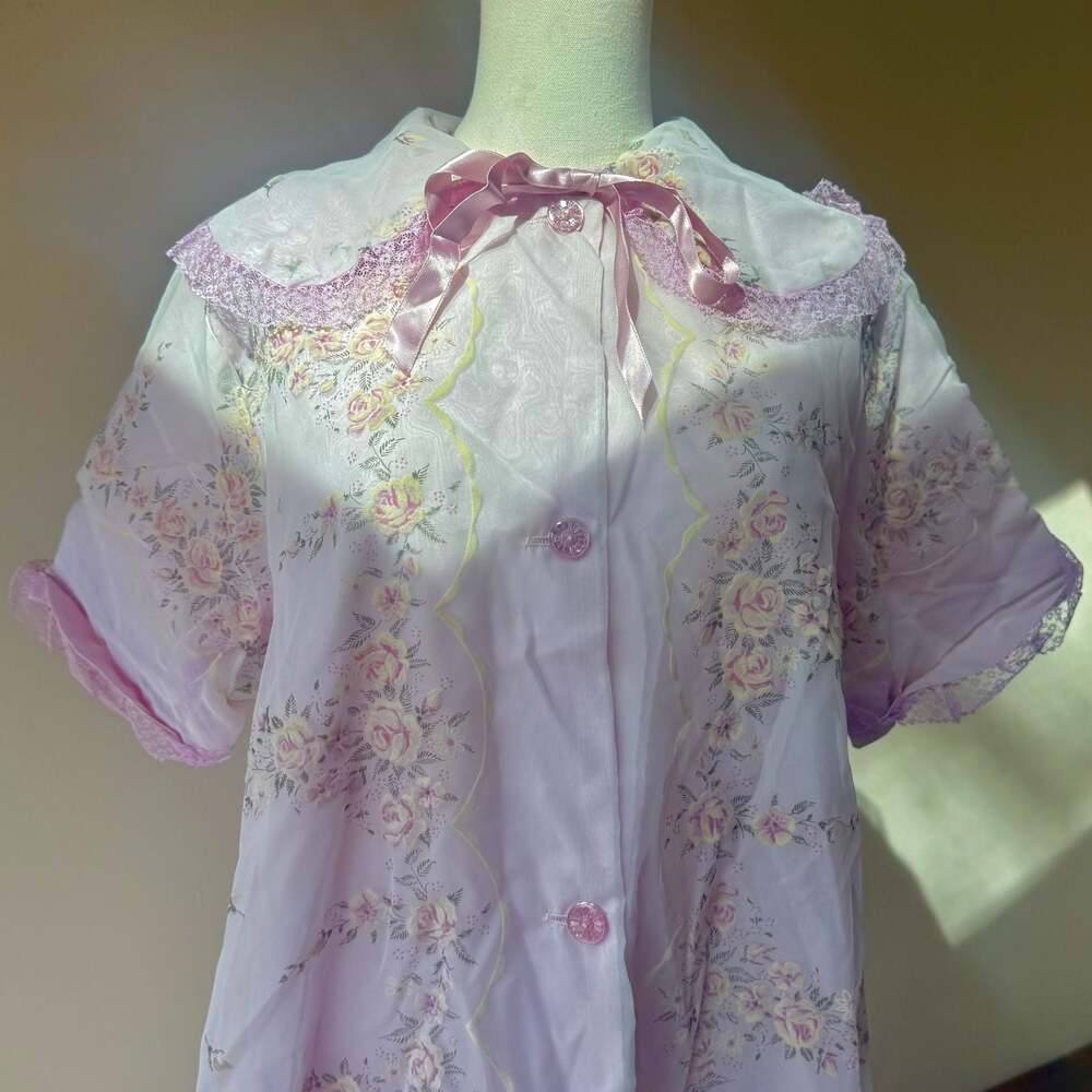 Vintage 60s Dreamwear Lingerie Sheer Pink Floral Embroidered Nylon Peignoir Robe